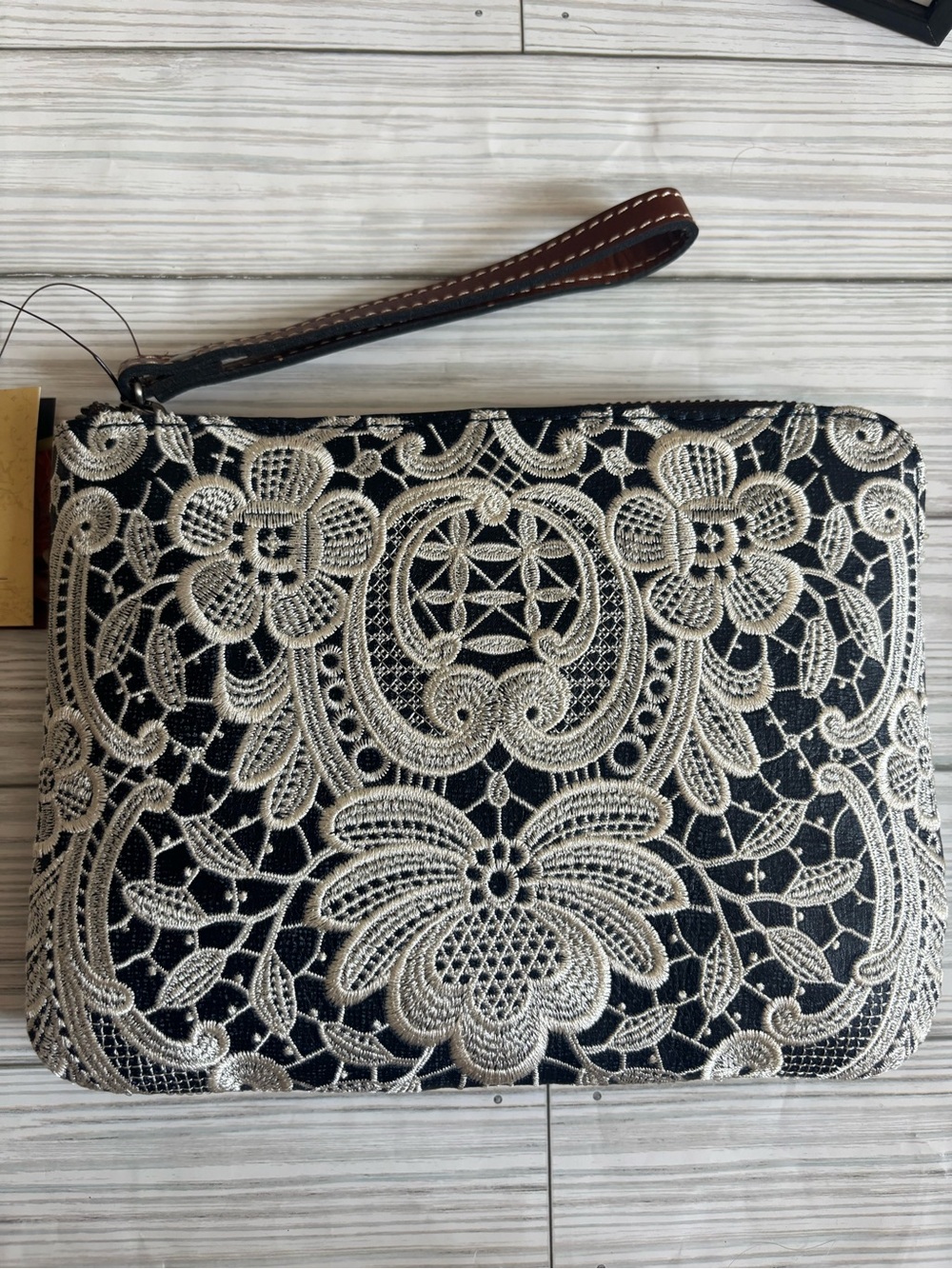 Patricia Nash Black & Cream Embroidered Wristlet Clutch